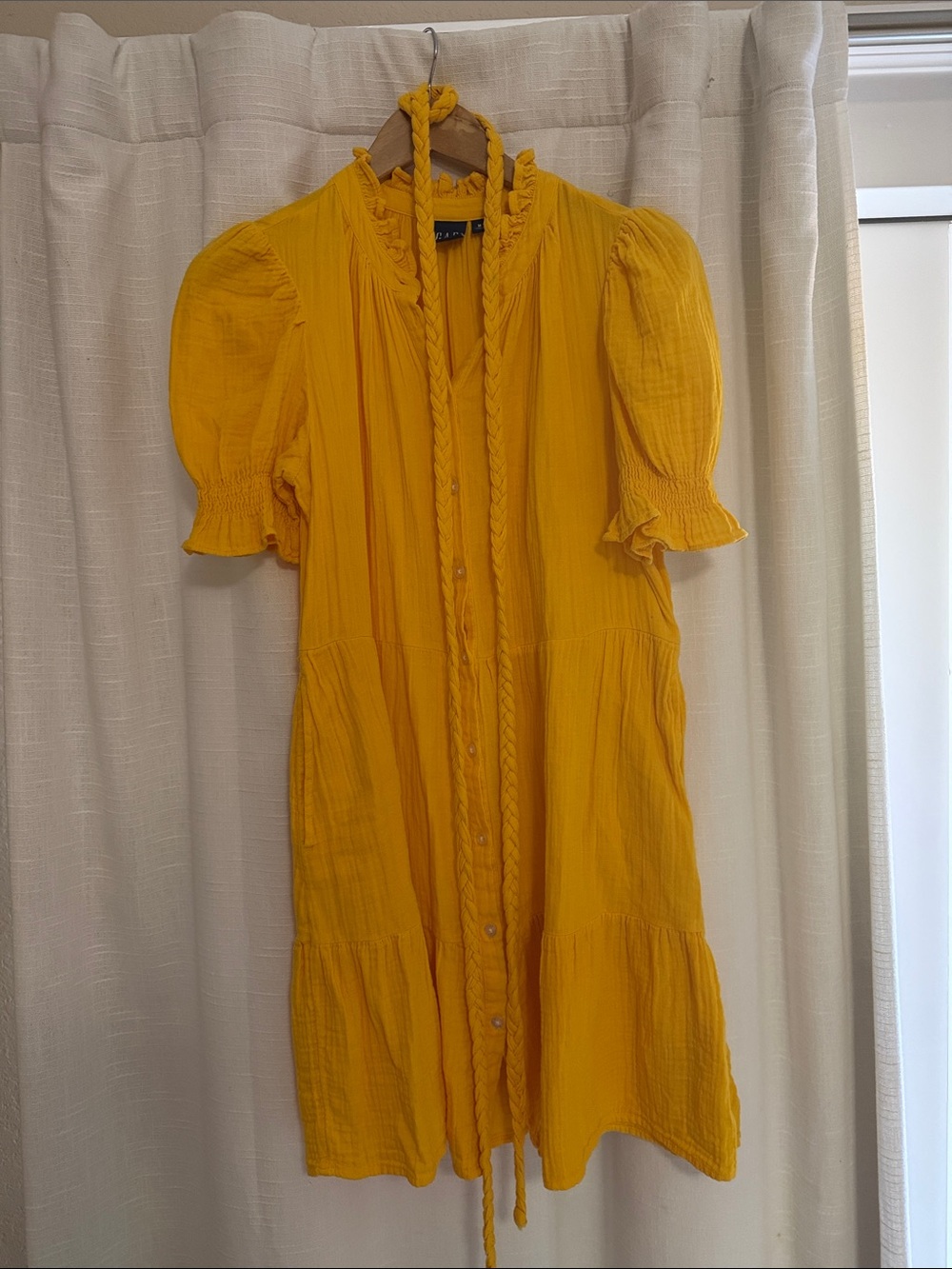 GAP Yellow Puff-Sleeve Mini Dress with Braided Tie